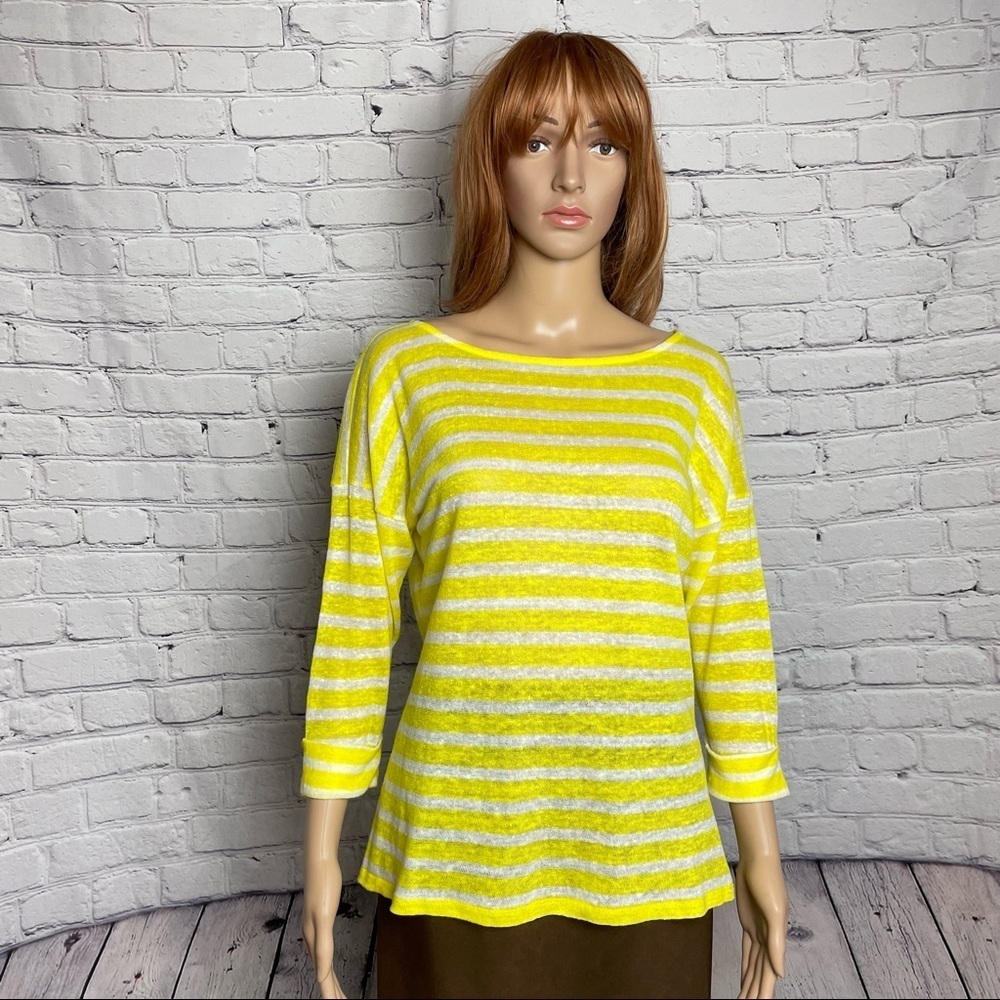 New Lauren Ralph Lauren Linen Yellow White Striped 3/4 Sleeve Sweater Size M